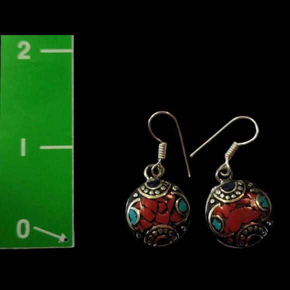 New Handmade Tibetan Earrings - Coral, Turquoise, and Tibetan Silver - Picture 4 of 5